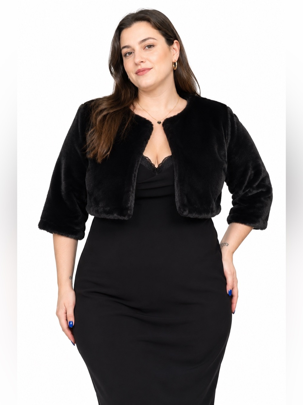 Y2K Calvin Klein Faux Fur Cropped Jacket Bolero (Black) Size Medium